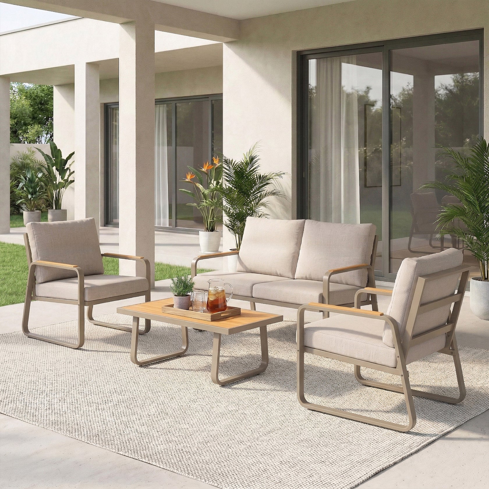 4 Piece Patio Conversation Set with Metal Frame, Cushions, Loveseat & Chairs
