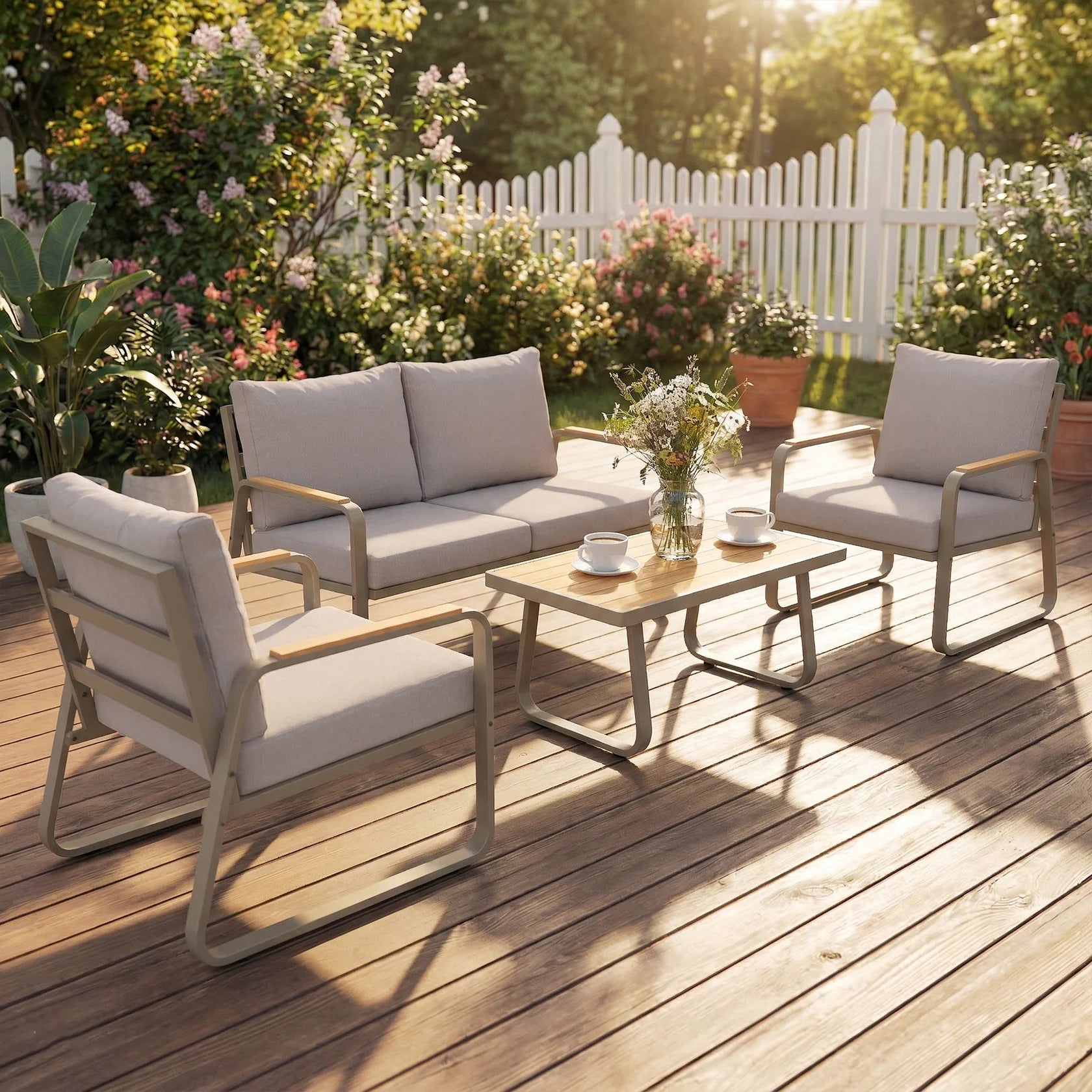 4 Piece Patio Conversation Set with Metal Frame, Cushions, Loveseat & Chairs