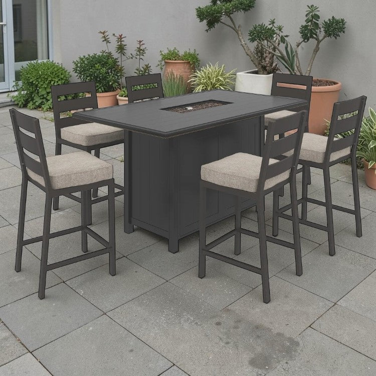 7 Piece Outdoor Dining Set with Bar Table and Cushioned Stools