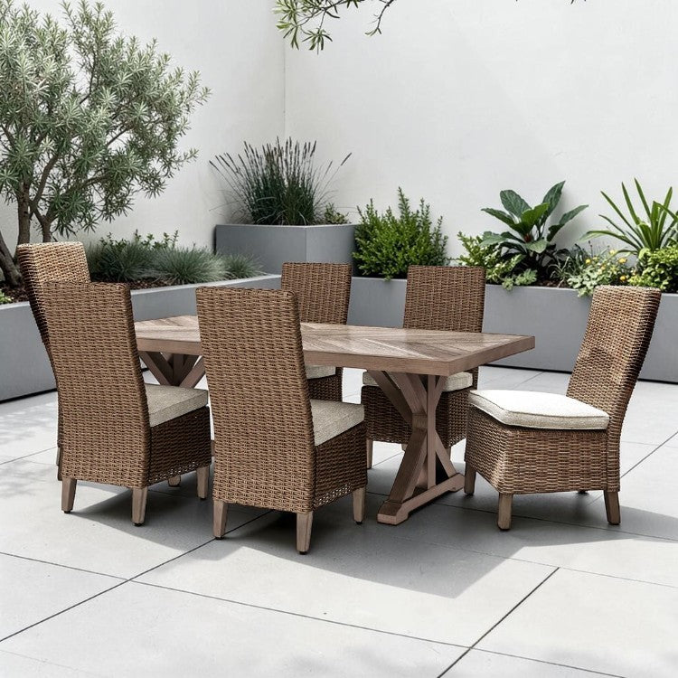 7 Piece Outdoor Dining Set with Woven Chairs and Rectangular Table