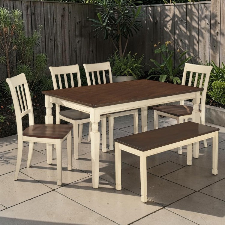 6 Piece Dining Table Set with Bench and Chairs