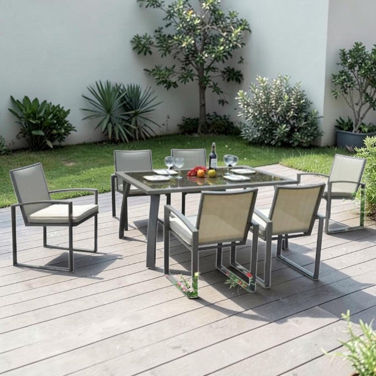 7 Piece Outdoor Dining Set with Aluminum Frame and Cushioned Armchairs