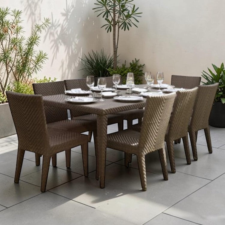 9 Piece Outdoor Dining Set with Woven Chairs and Rectangular Table