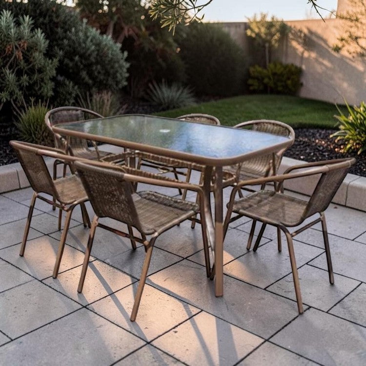 7 Piece Outdoor Dining Set with Woven Chairs and Glass Top Table