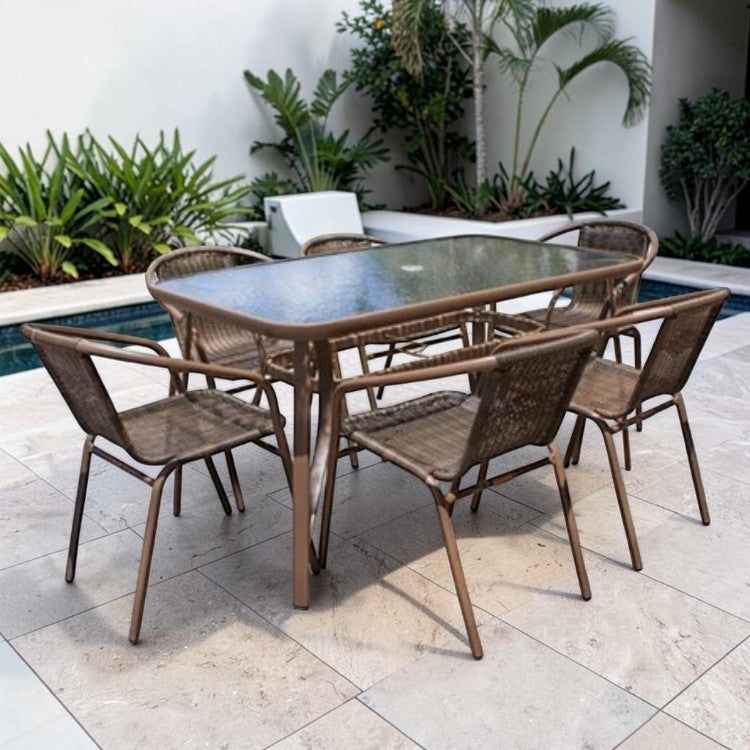 7 Piece Outdoor Dining Set with Woven Chairs and Glass Top Table
