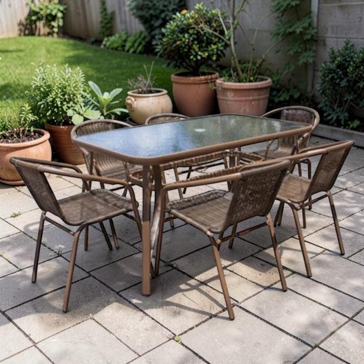 7 Piece Outdoor Dining Set with Woven Chairs and Glass Top Table
