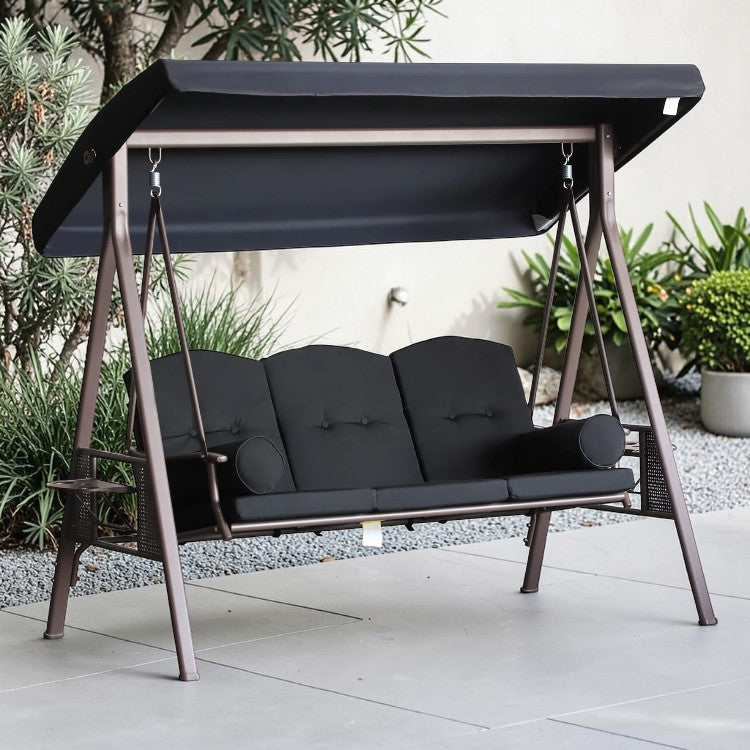 3 Seat Patio Swing Chair with Adjustable Canopy and Side Trays