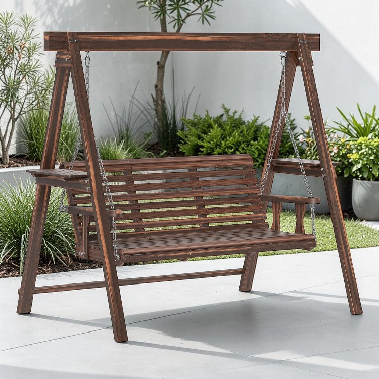3 Seat Outdoor Porch Swing with Wood Stand and Side Tables