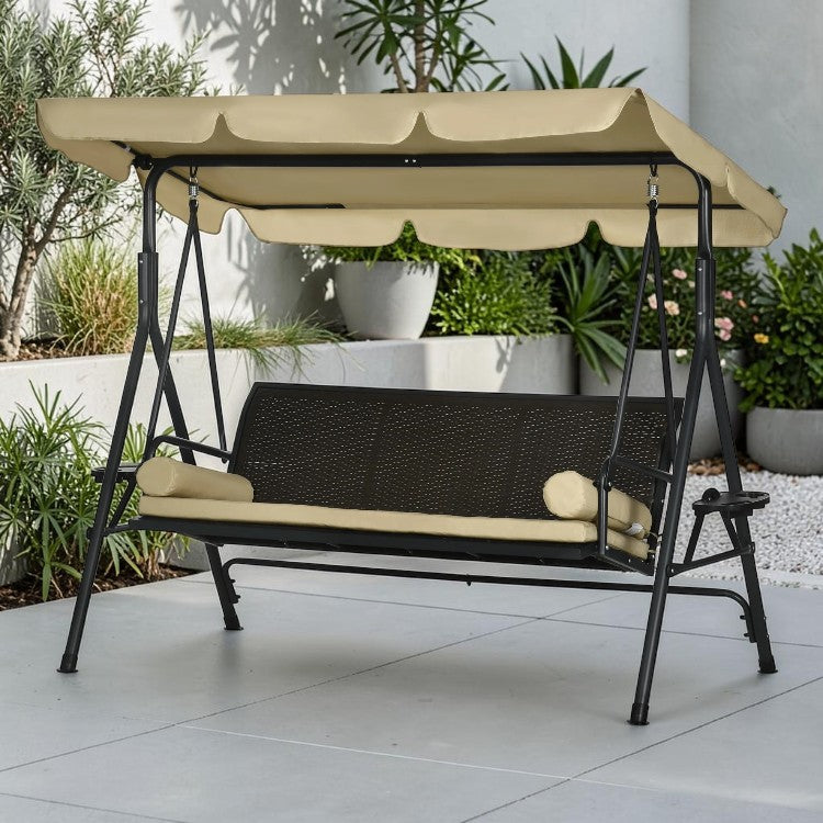 3 Seat Outdoor Swing Chair with Adjustable Canopy, Cushions, and Side Trays