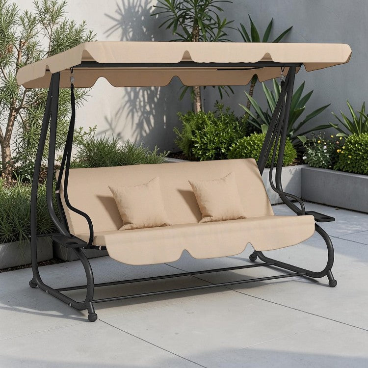 3 Seat Outdoor Swing Bench with Adjustable Canopy and Cushions