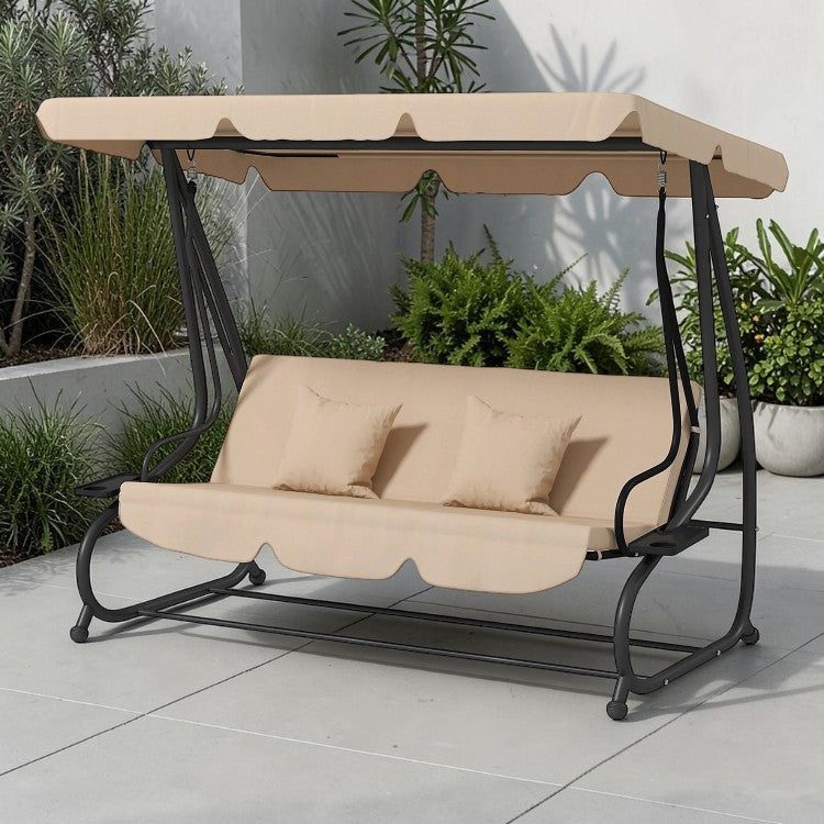 3 Seat Outdoor Swing Bench with Adjustable Canopy and Cushions