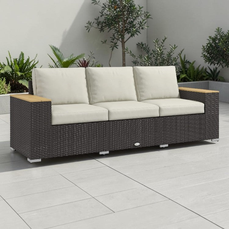 3 Seat Outdoor Wicker Sofa with Cushions and Wide Armrests