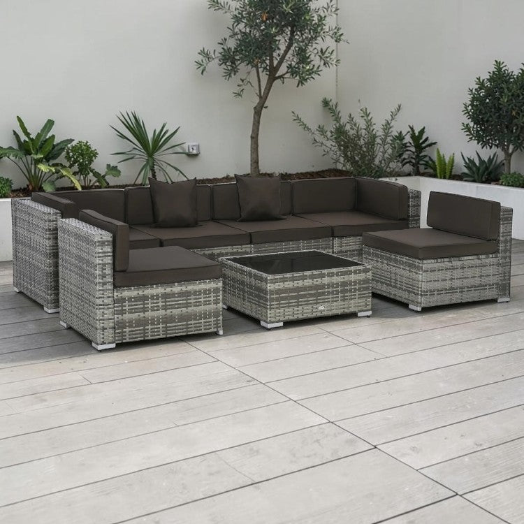 7 Piece Outdoor Sectional Sofa Set with Cushions and Glass Coffee Table
