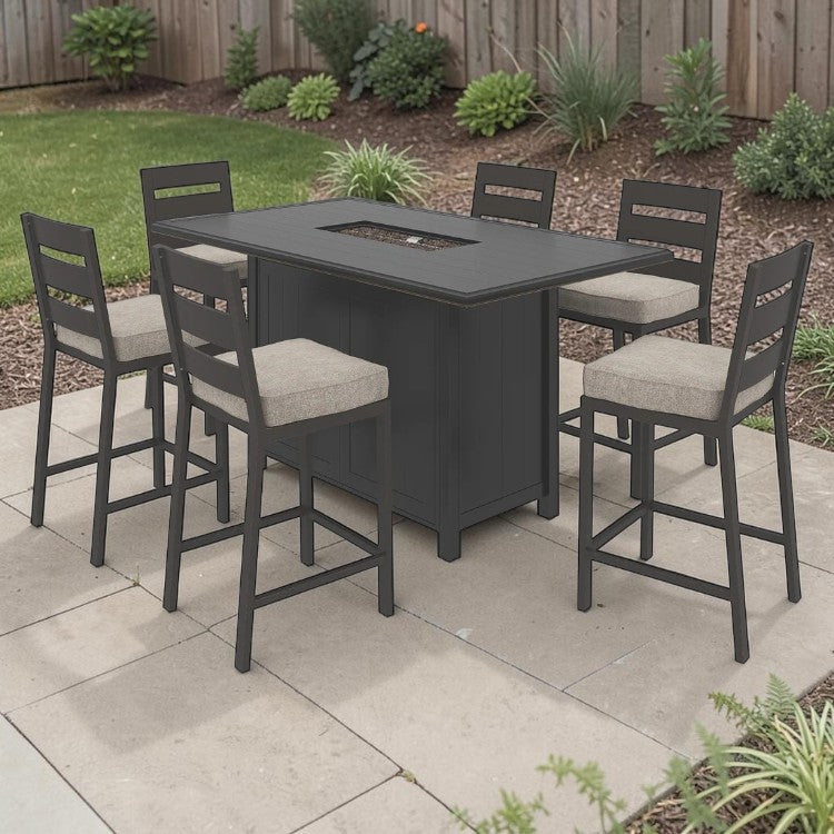 7 Piece Outdoor Dining Set with Bar Table and Cushioned Stools