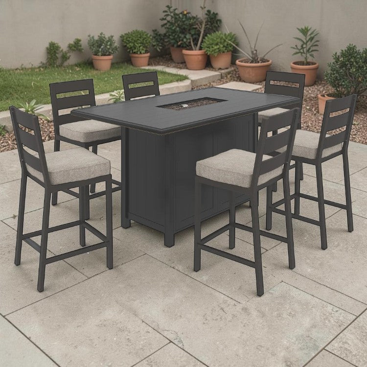 7 Piece Outdoor Dining Set with Bar Table and Cushioned Stools
