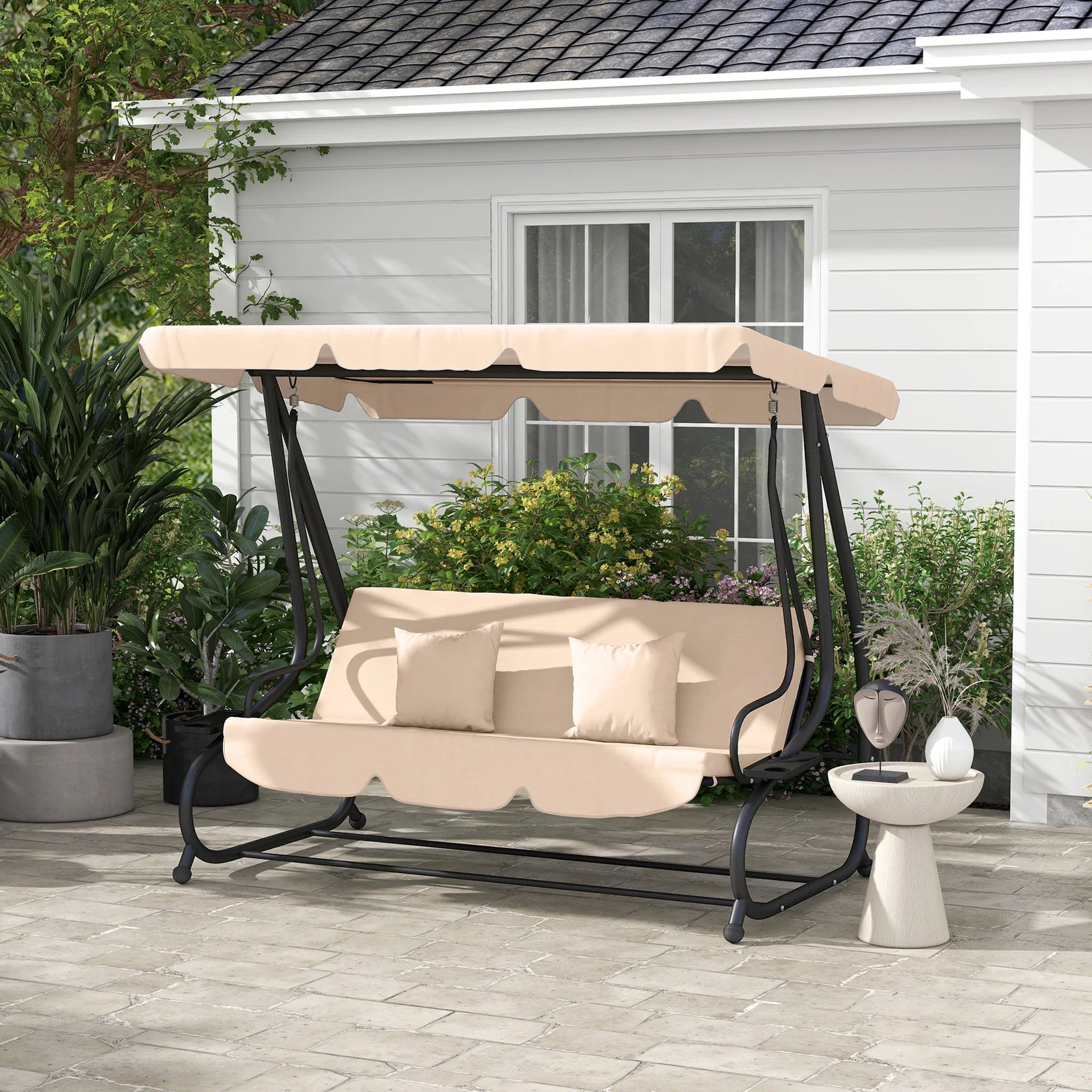 3 Seat Outdoor Swing Bench with Adjustable Canopy and Cushions