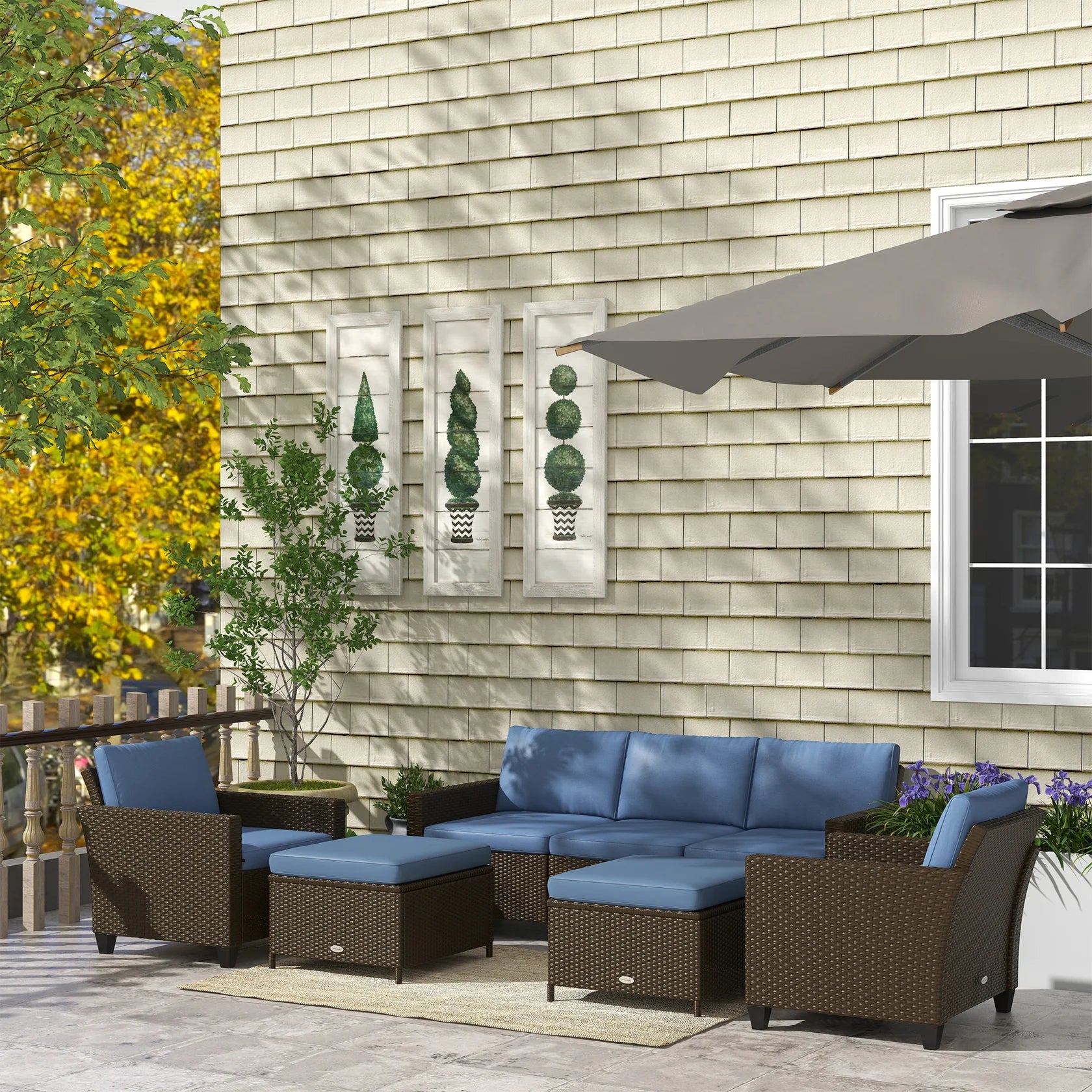 7 Piece Outdoor Patio Sectional Sofa Set with Wicker Seating and Cushions