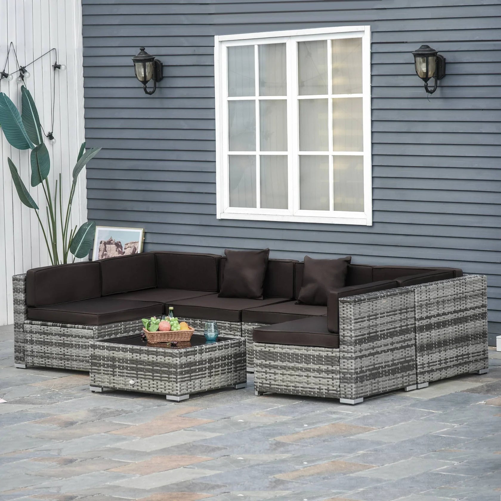 7 Piece Outdoor Sectional Sofa Set with Cushions and Glass Coffee Table