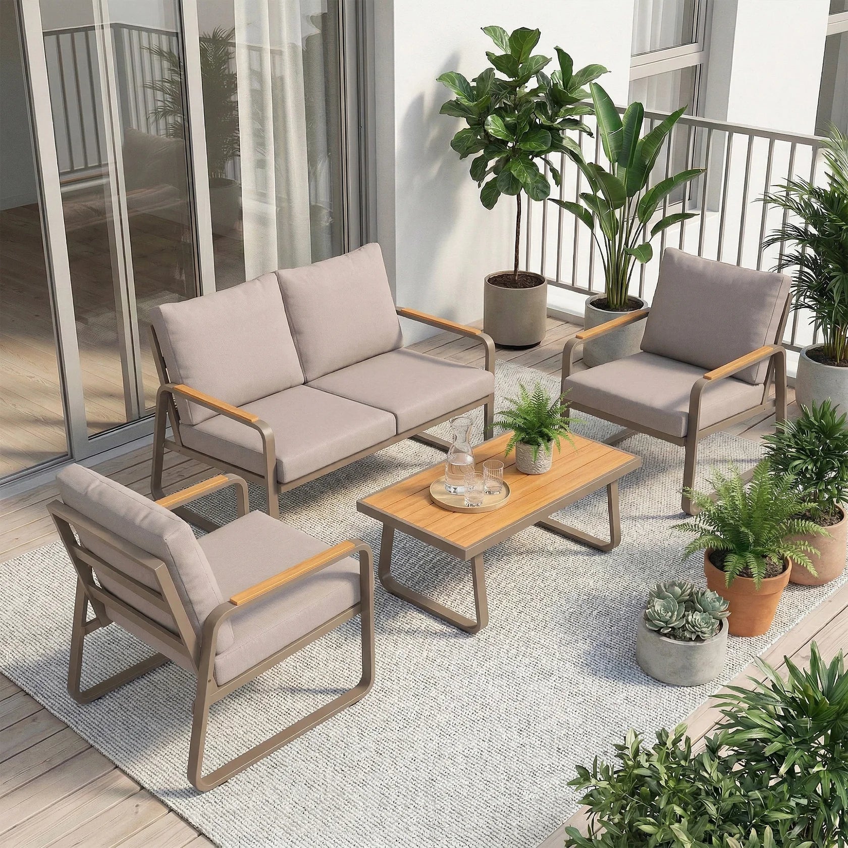 4 Piece Patio Conversation Set with Metal Frame, Cushions, Loveseat & Chairs