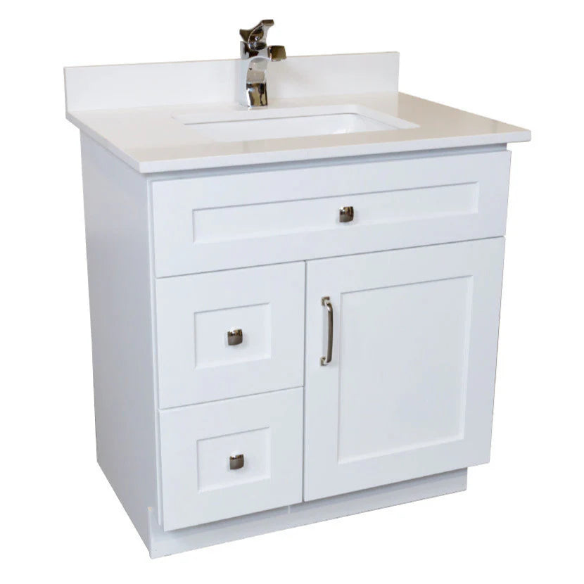 30 Inch White Bathroom Vanity with Quartz Countertop and Storage Drawers