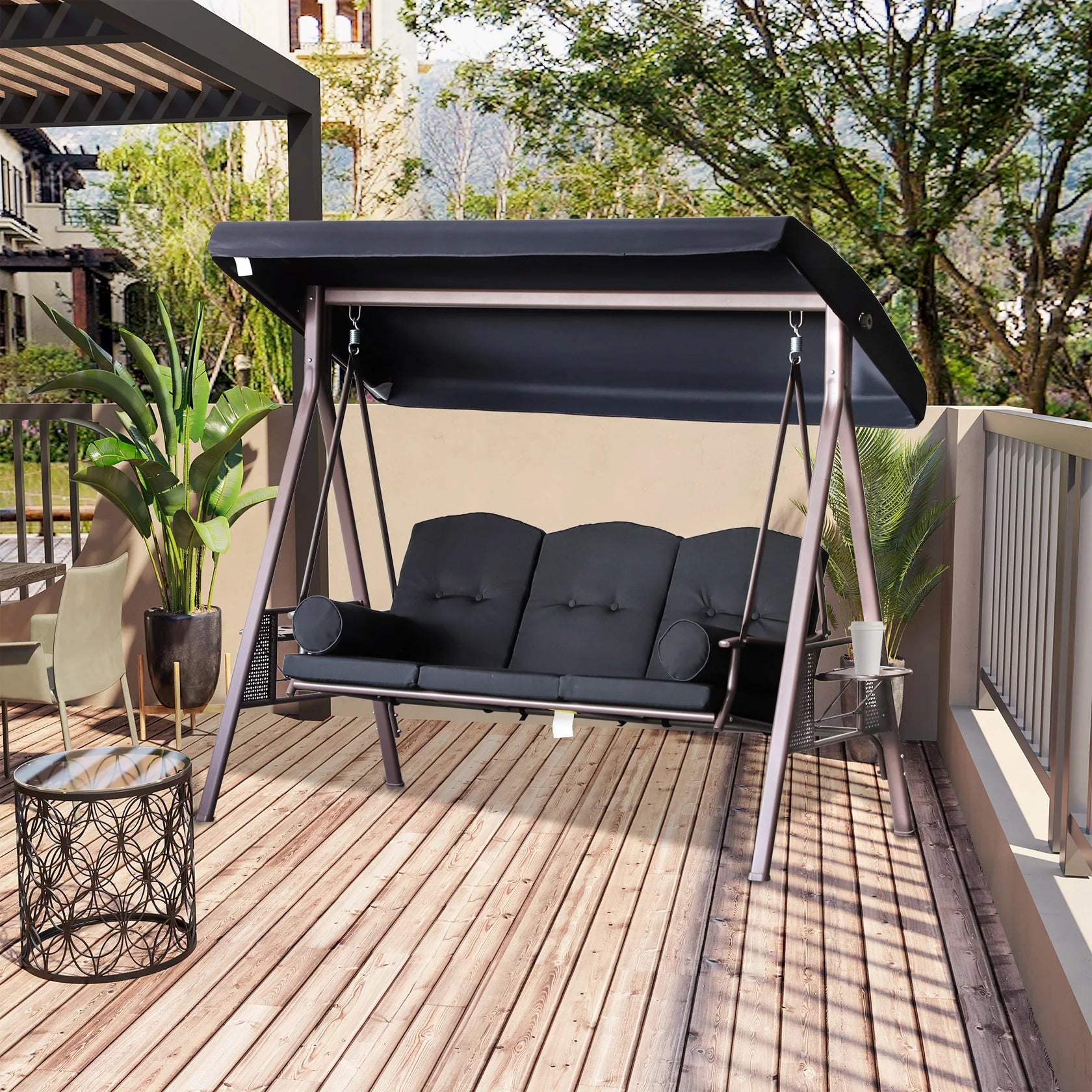 3 Seat Patio Swing Chair with Adjustable Canopy and Side Trays
