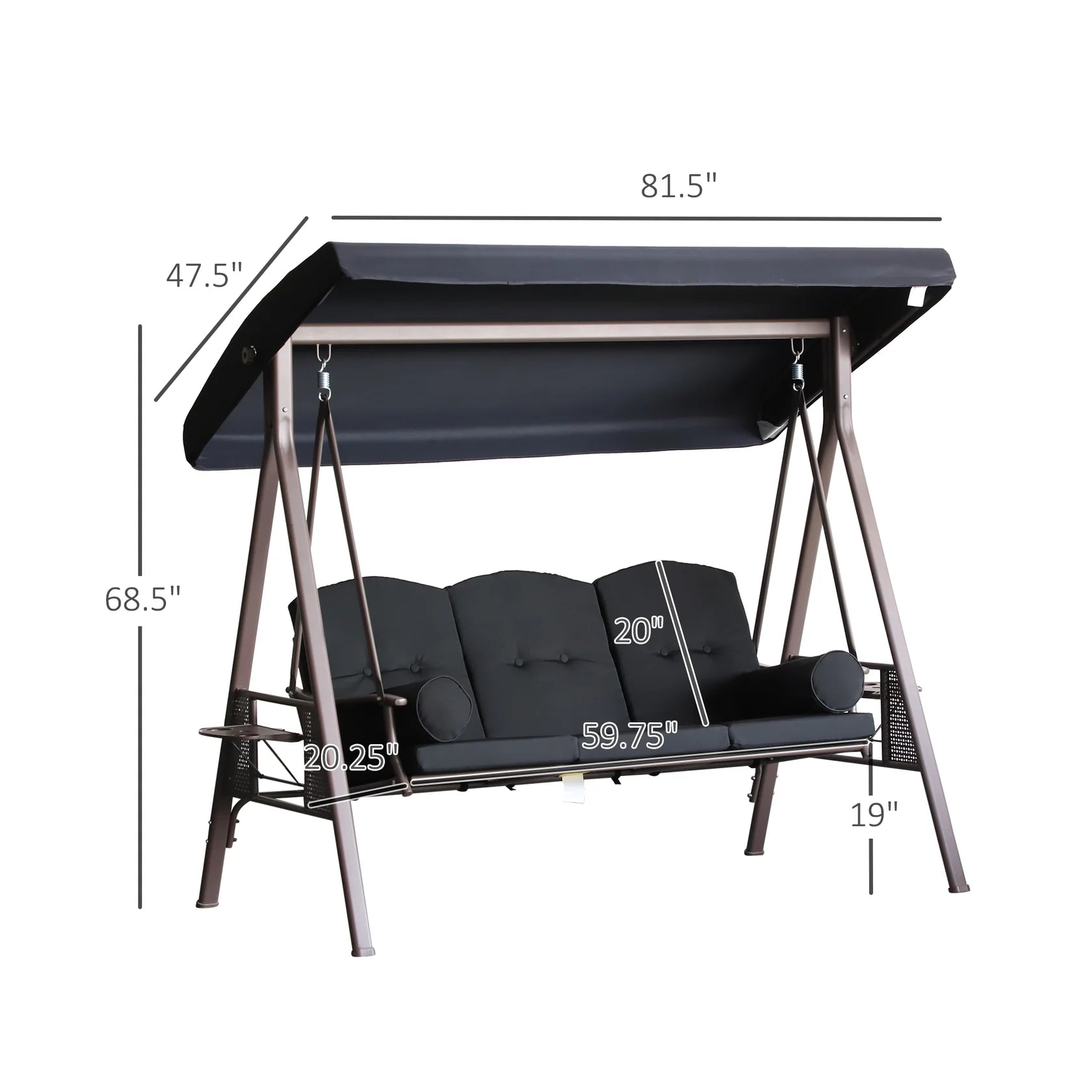 3 Seat Patio Swing Chair with Adjustable Canopy and Side Trays