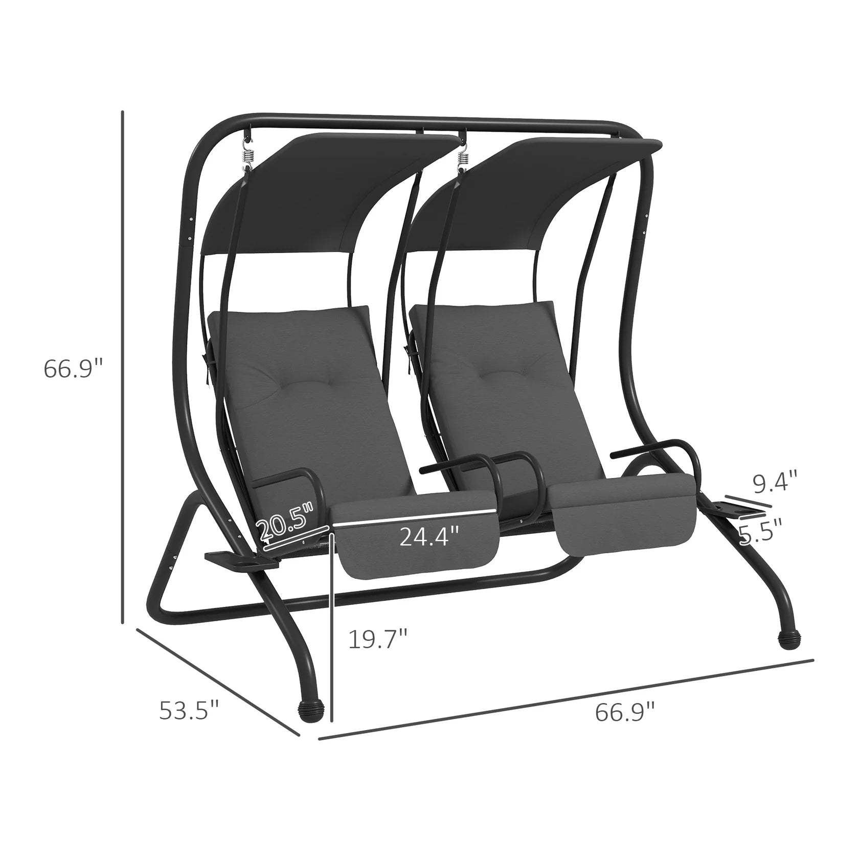 2 Seat Outdoor Swing Chair with Dual Canopies and Cushioned Seats