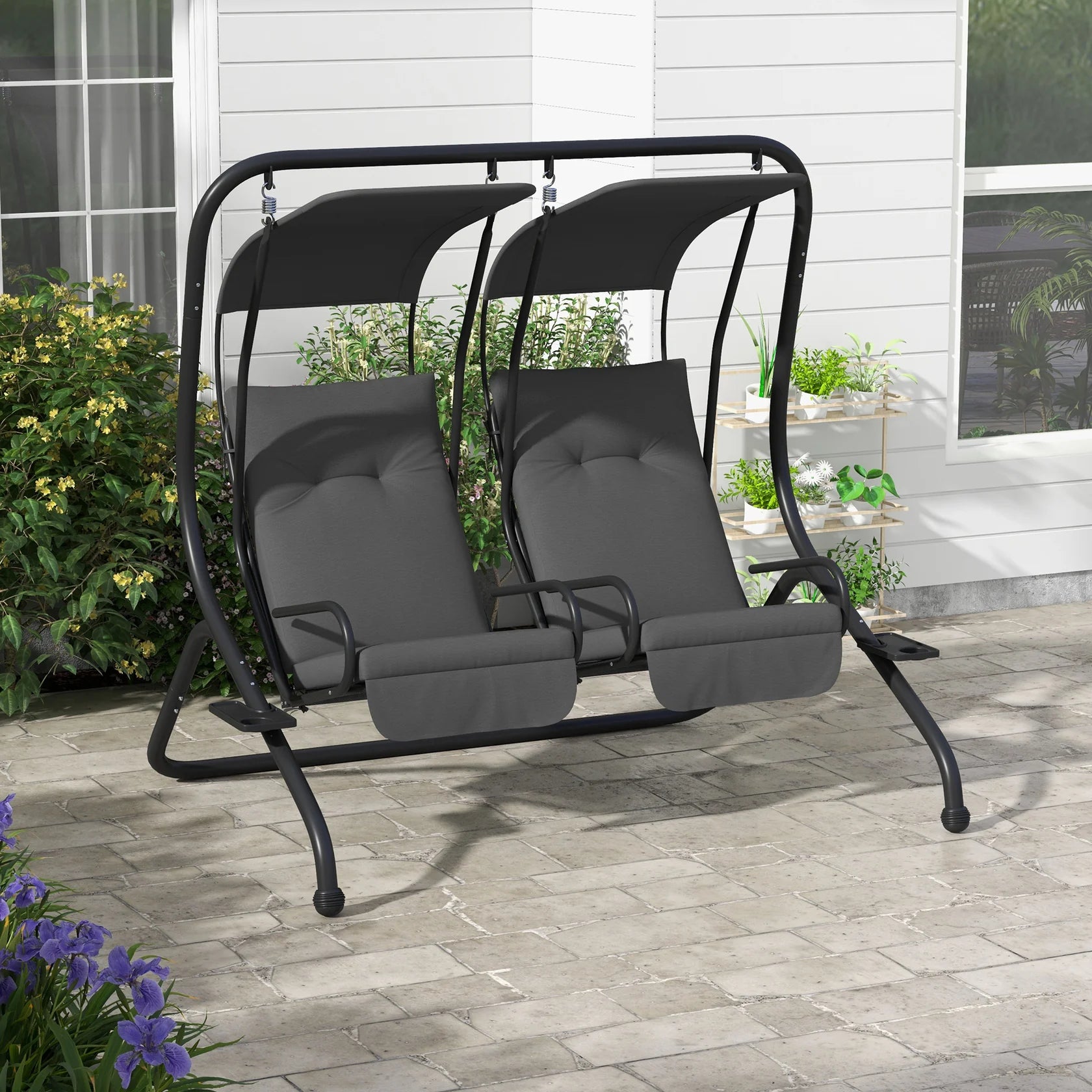 2 Seat Outdoor Swing Chair with Dual Canopies and Cushioned Seats