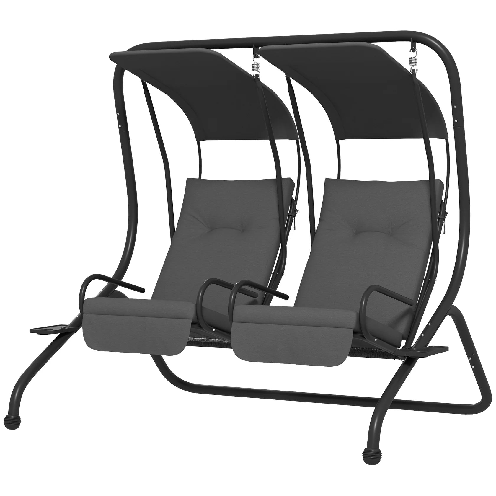 2 Seat Outdoor Swing Chair with Dual Canopies and Cushioned Seats