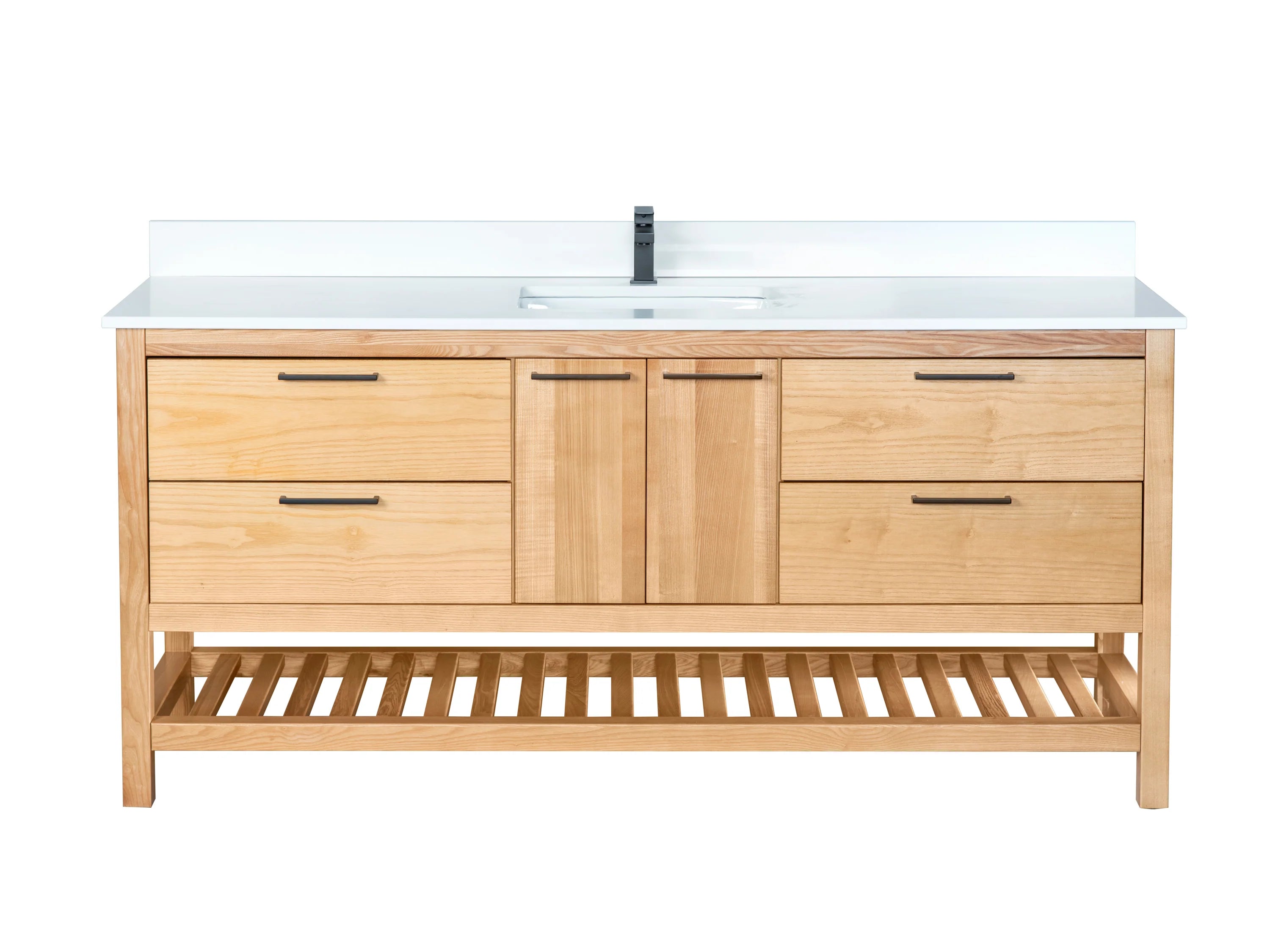 71 Inch Light Natural Wood Bathroom Vanity with Quartz Countertop and Open Shelf