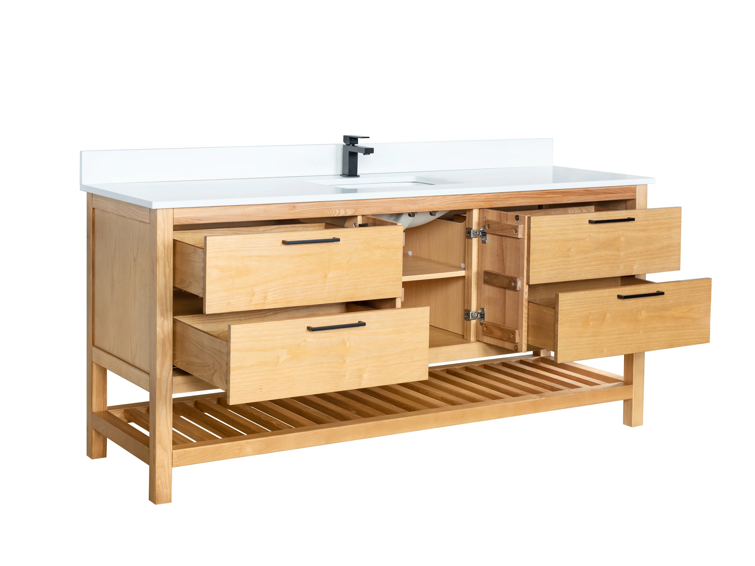 71 Inch Light Natural Wood Bathroom Vanity with Quartz Countertop and Open Shelf