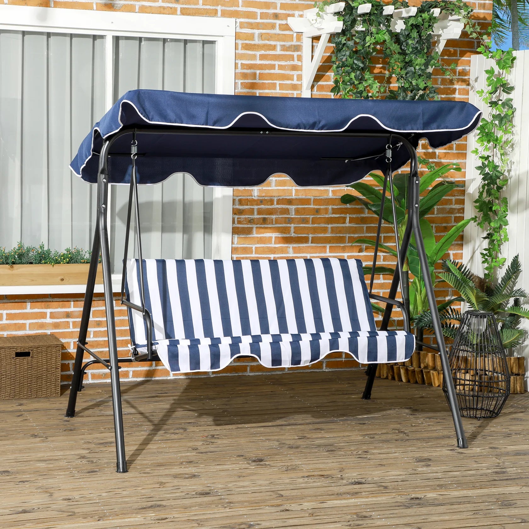 3 Seat Outdoor Patio Swing with Adjustable Canopy and Cushioned Seat