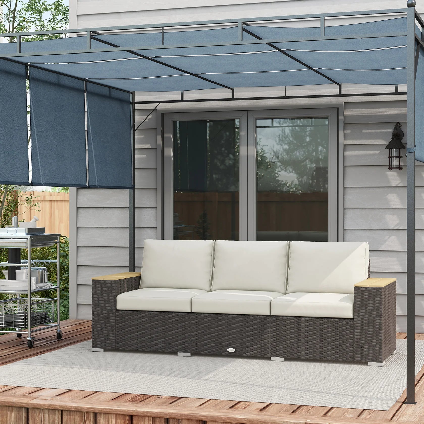 3 Seat Outdoor Wicker Sofa with Cushions and Wide Armrests