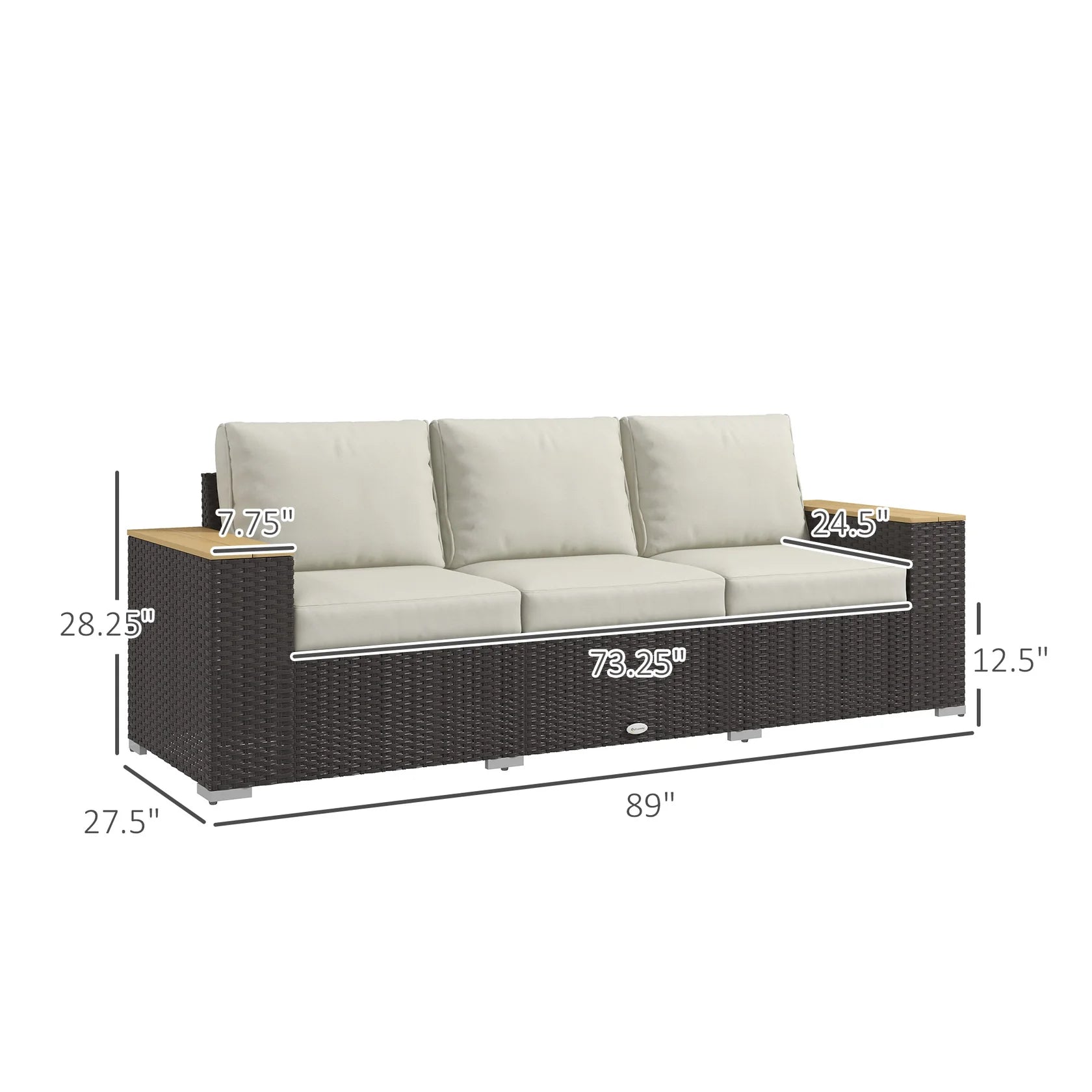 3 Seat Outdoor Wicker Sofa with Cushions and Wide Armrests