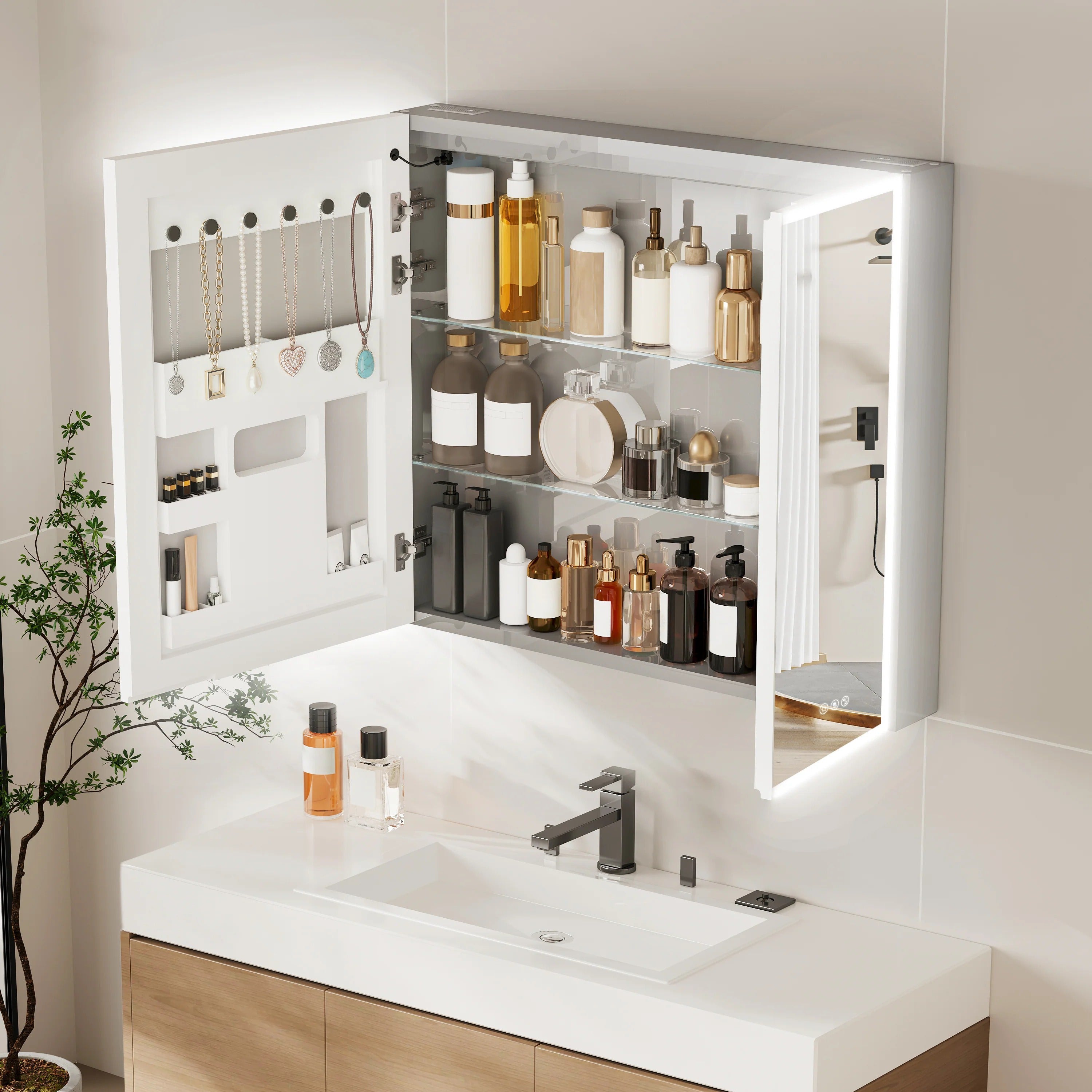 LED Bathroom Medicine Cabinet Mirror with Bluetooth, Anti-Fog and Interior Storage