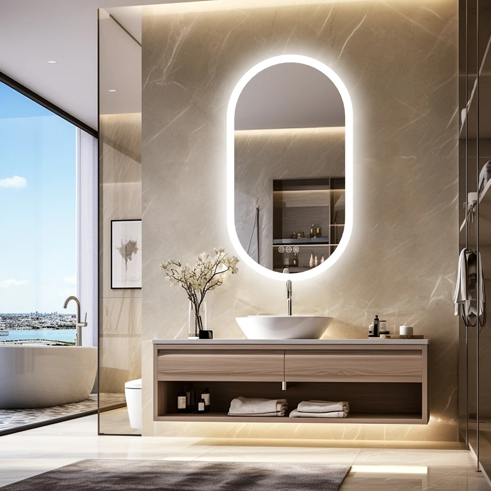 Oval LED Bathroom Mirror with Anti-Fog and Adjustable Lighting