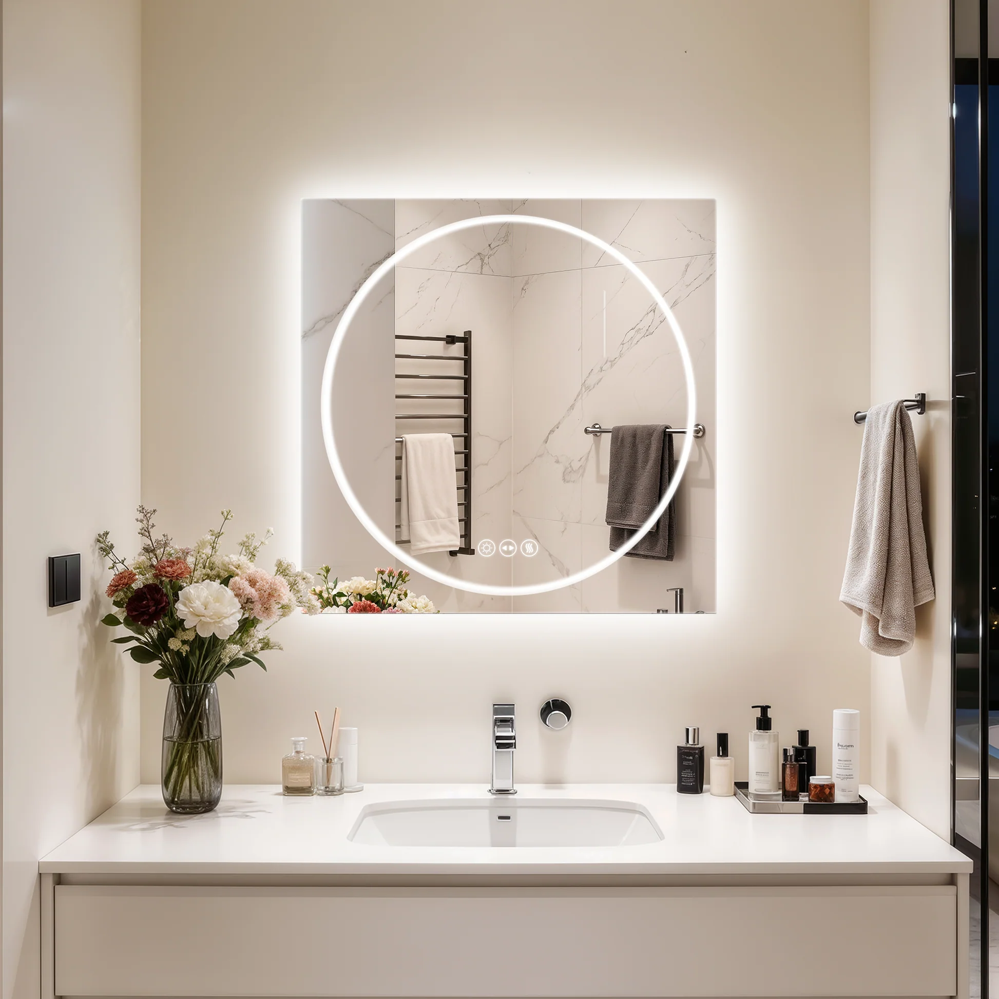 LED Bathroom Mirror with Backlit Panel and Front Ring Light, Anti-Fog and Dimmable Lighting