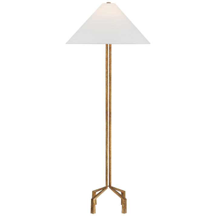 Forged Iron Floor Lamp with Gilded Finish and Wide Fabric Shade