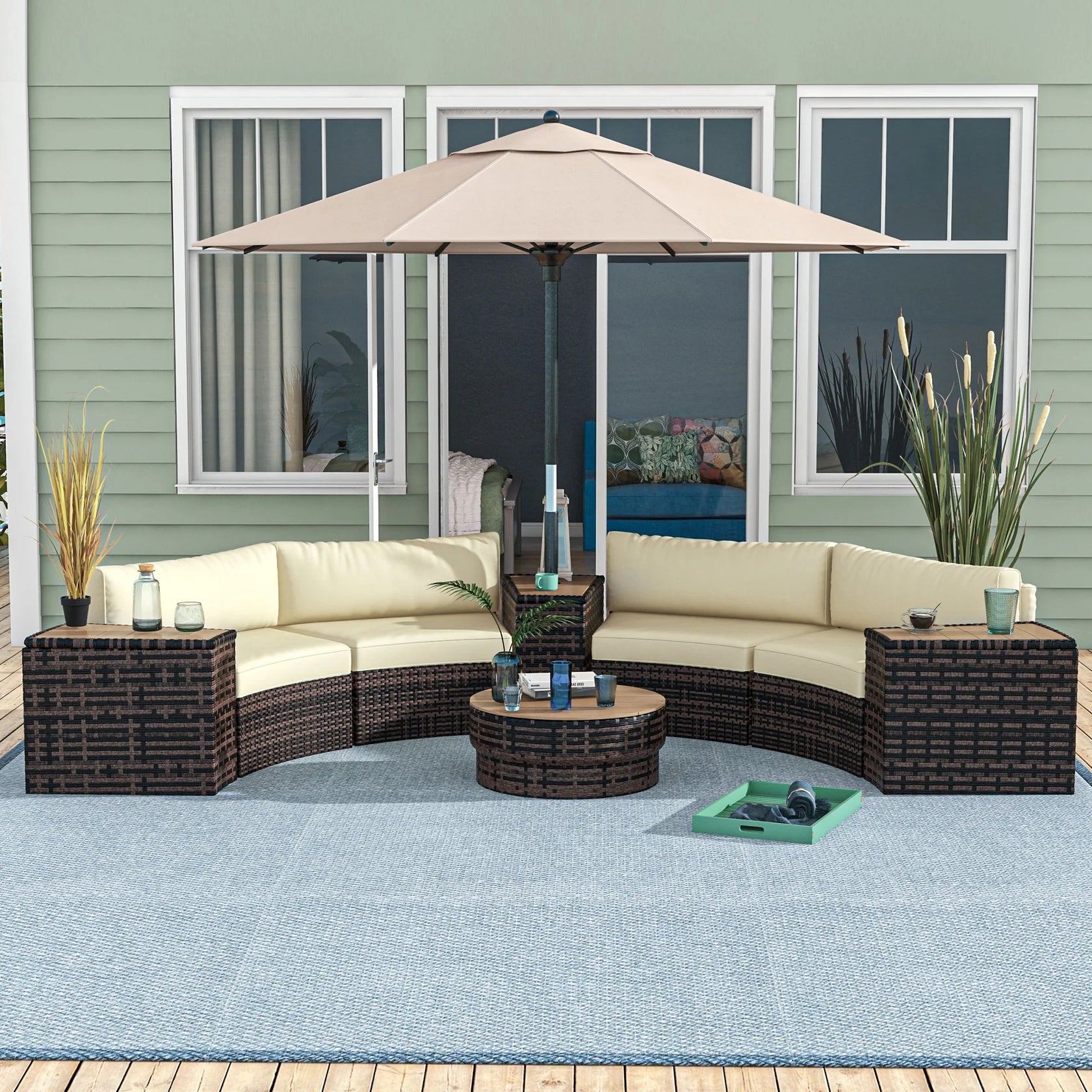 8PC Outdoor Conversation Set with Rattan Chairs, Storage Tables & Round Coffee Table