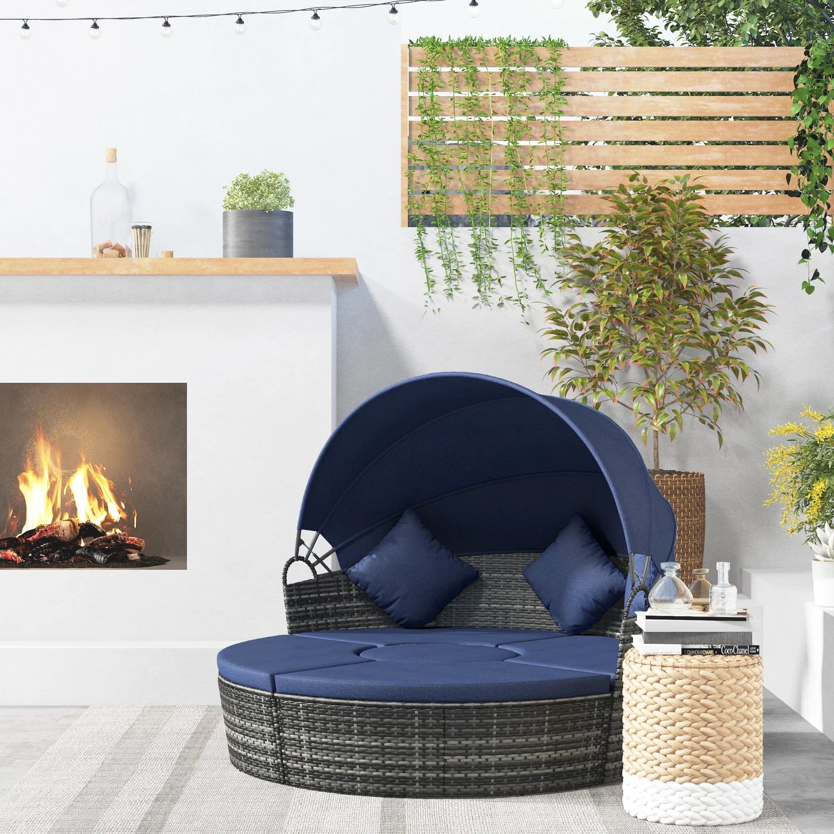 4 Piece Round Convertible Rattan Daybed with Adjustable Canopy, Sectional Seating & Table
