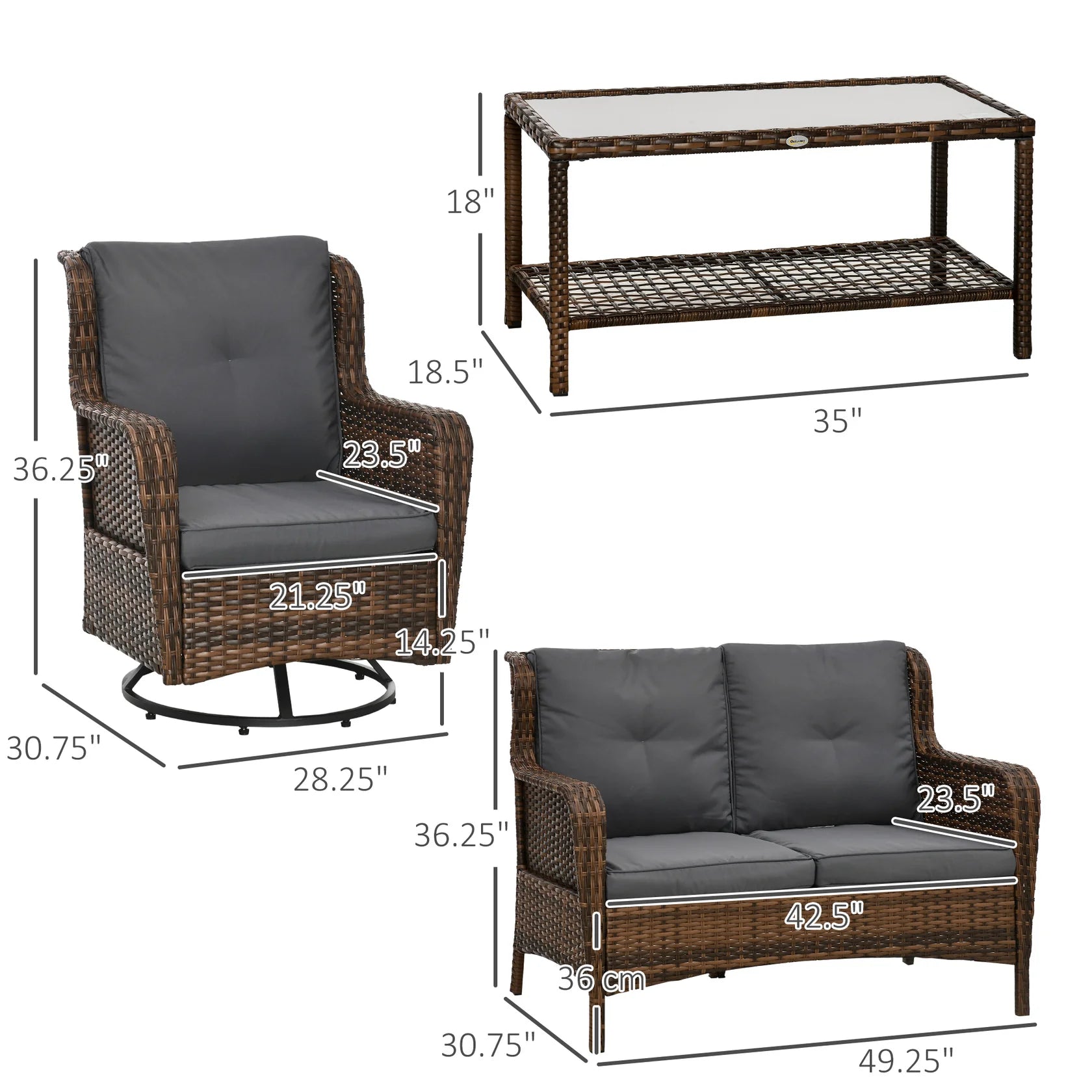 4 Piece PE Rattan Patio Furniture Set with Swivel Rockers & Glass Table