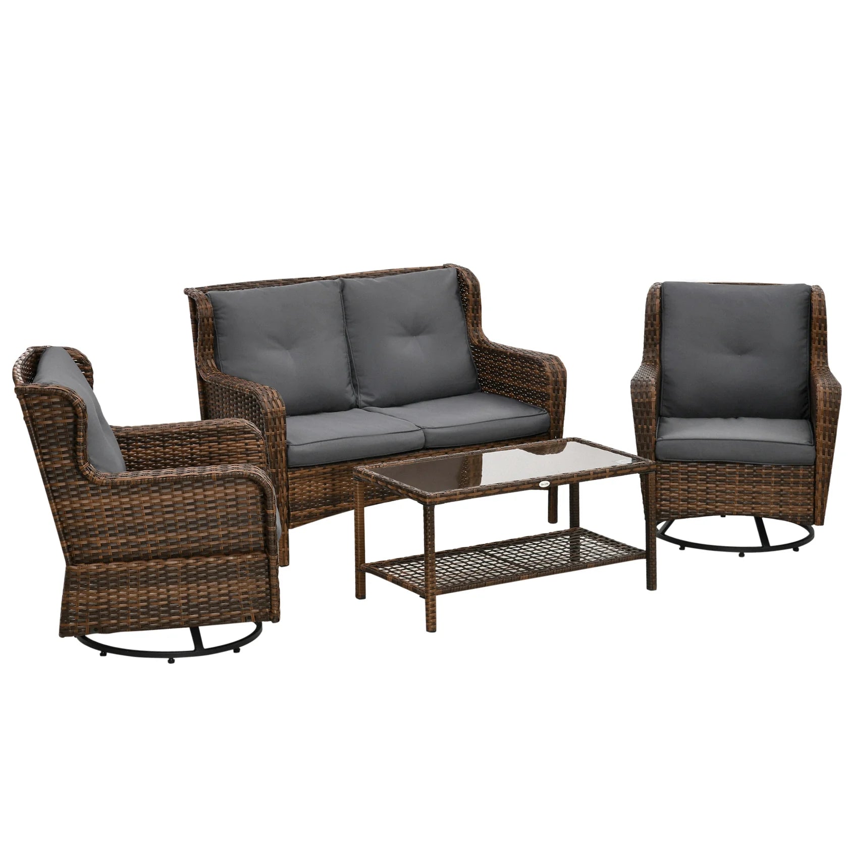 4 Piece PE Rattan Patio Furniture Set with Swivel Rockers & Glass Table