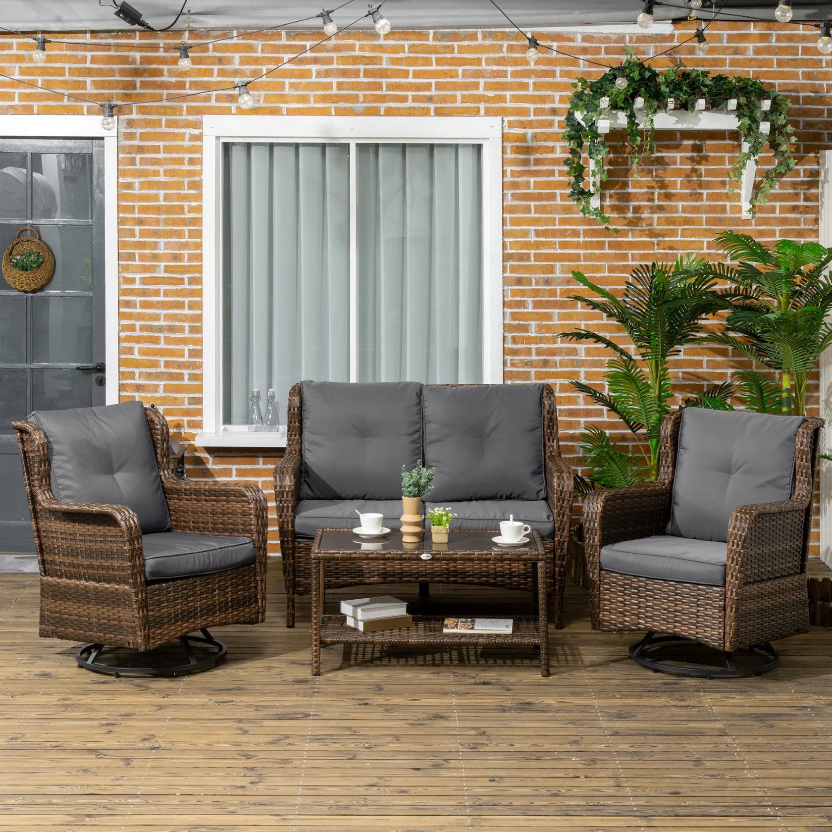 4 Piece PE Rattan Patio Furniture Set with Swivel Rockers & Glass Table