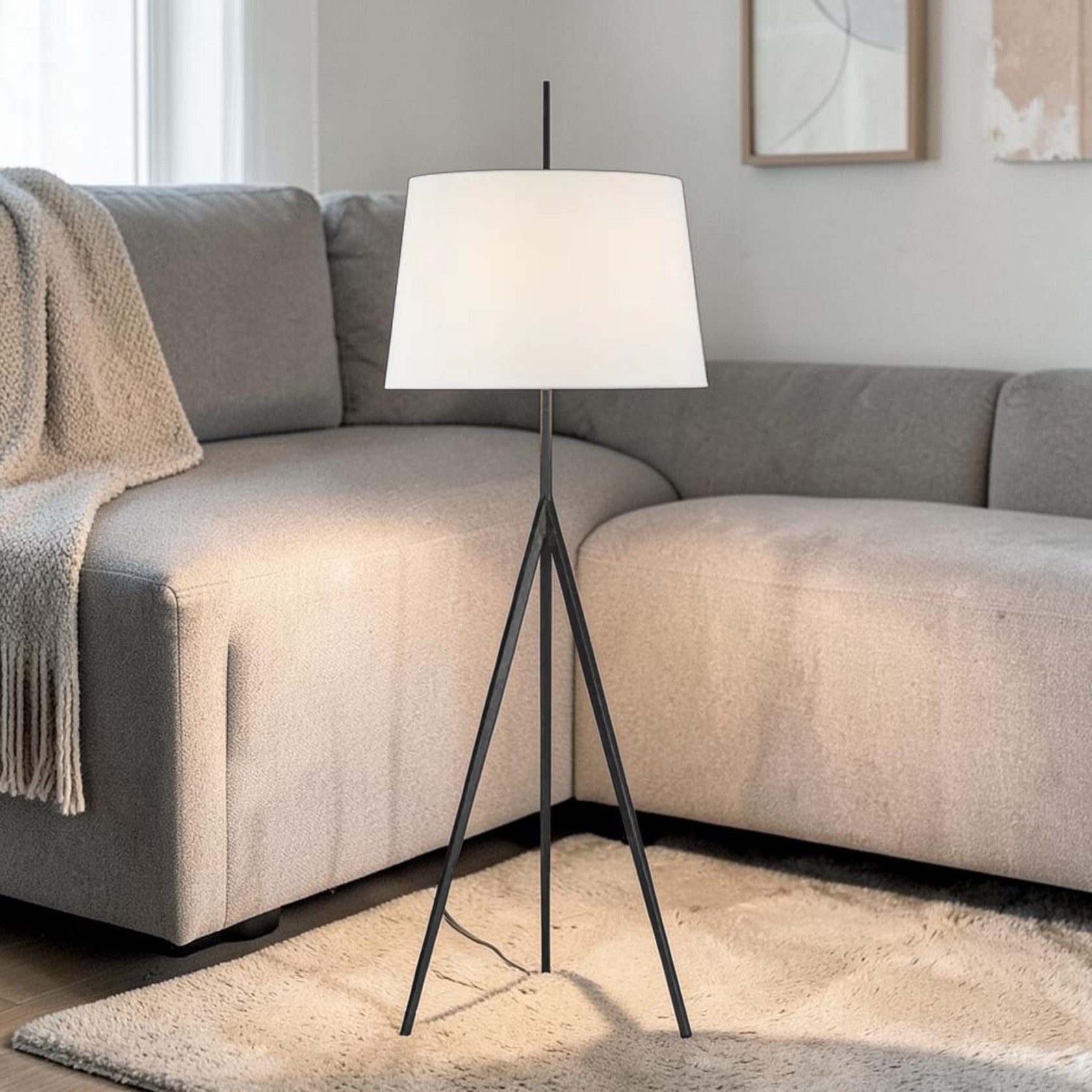 Tripod Floor Lamp with Hand-Forged Base and Fabric Shade