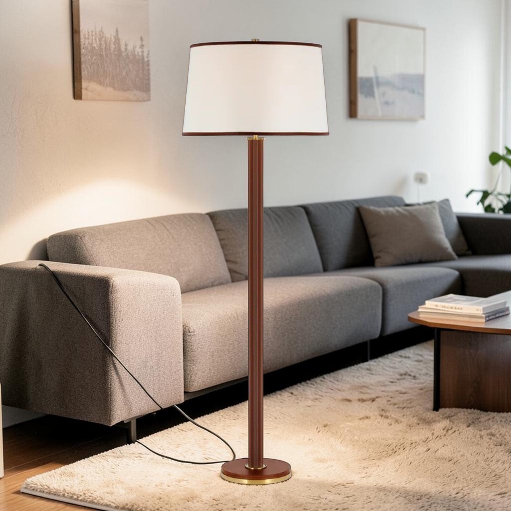 Brass Floor Lamp with Leather-Wrapped Base and Fabric Shade