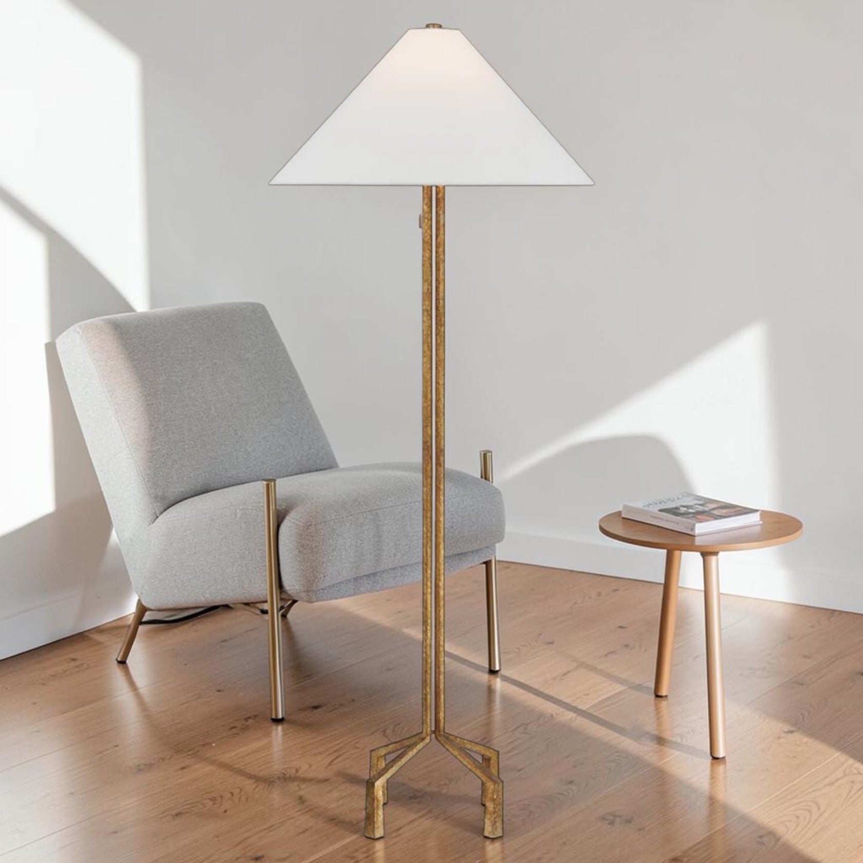 Forged Iron Floor Lamp with Gilded Finish and Wide Fabric Shade