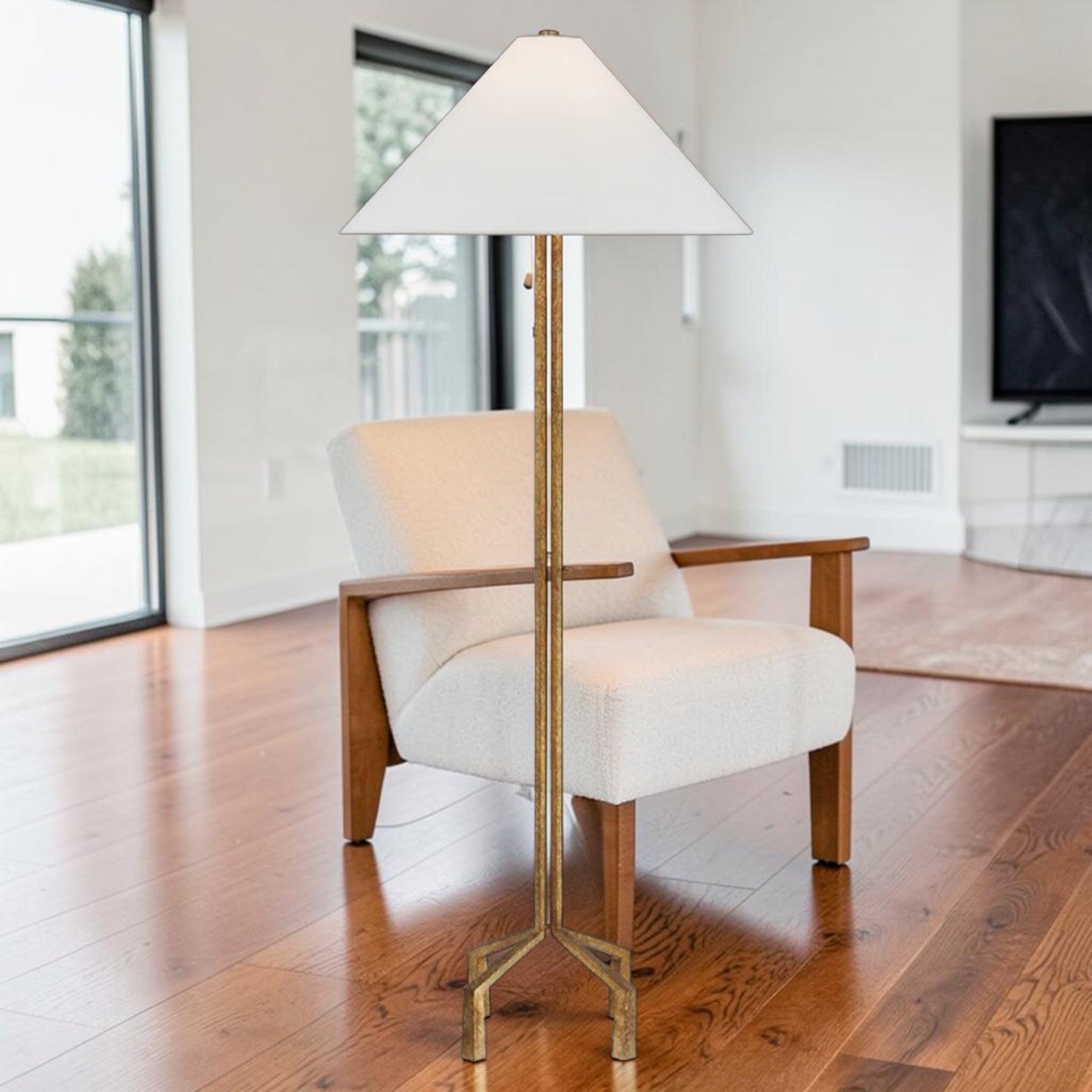 Forged Iron Floor Lamp with Gilded Finish and Wide Fabric Shade