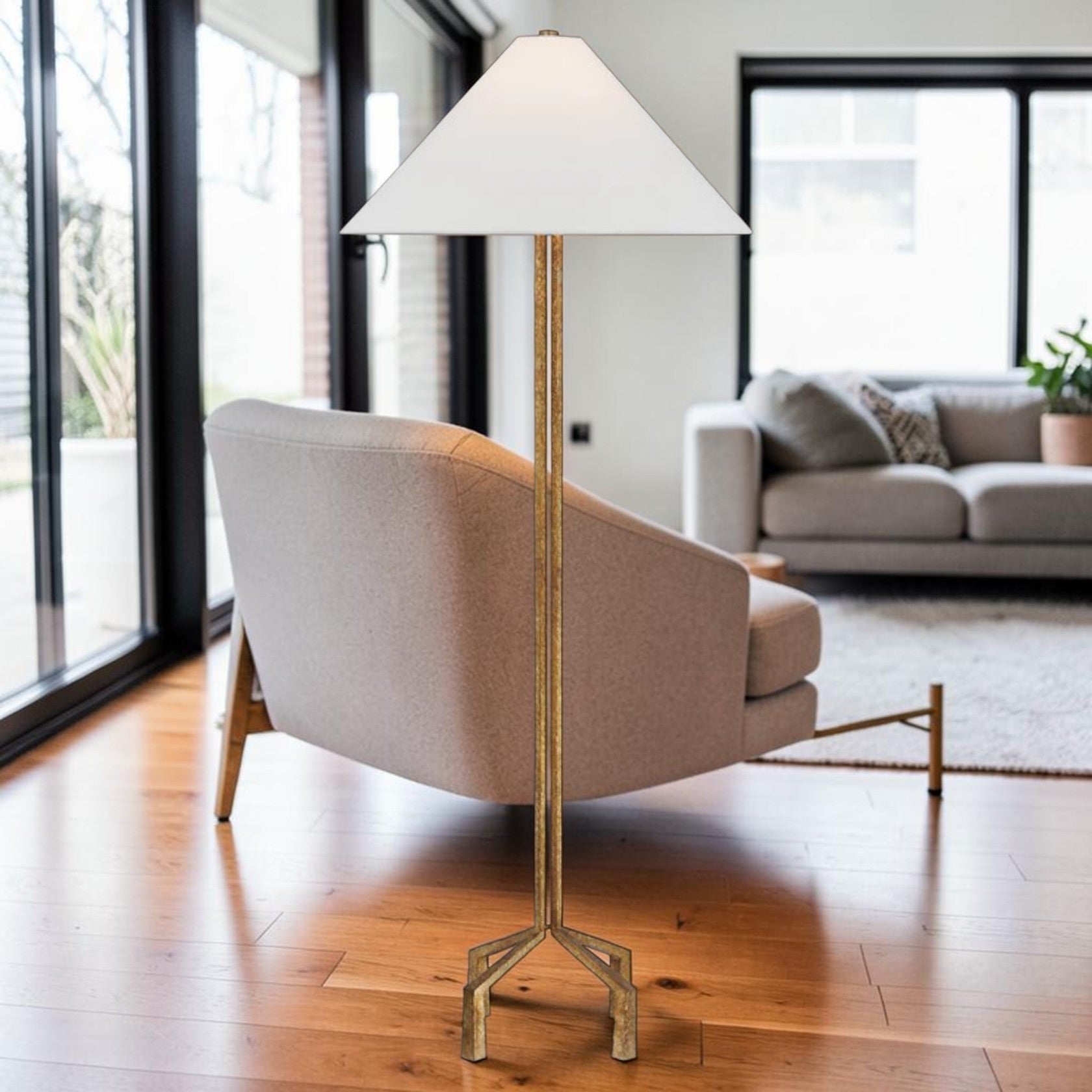 Forged Iron Floor Lamp with Gilded Finish and Wide Fabric Shade