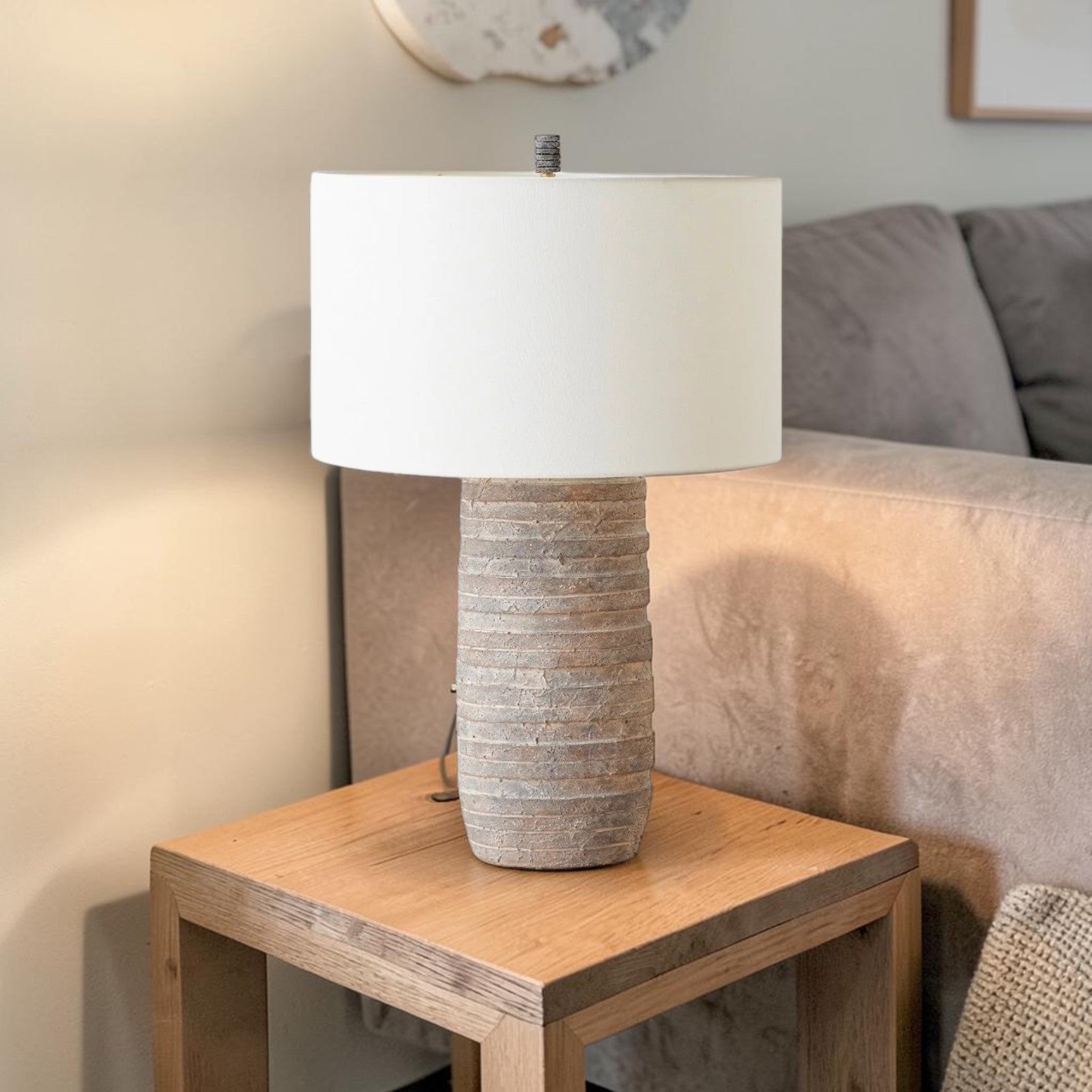 Terracotta Table Lamp with Stacked Base and Linen Shade