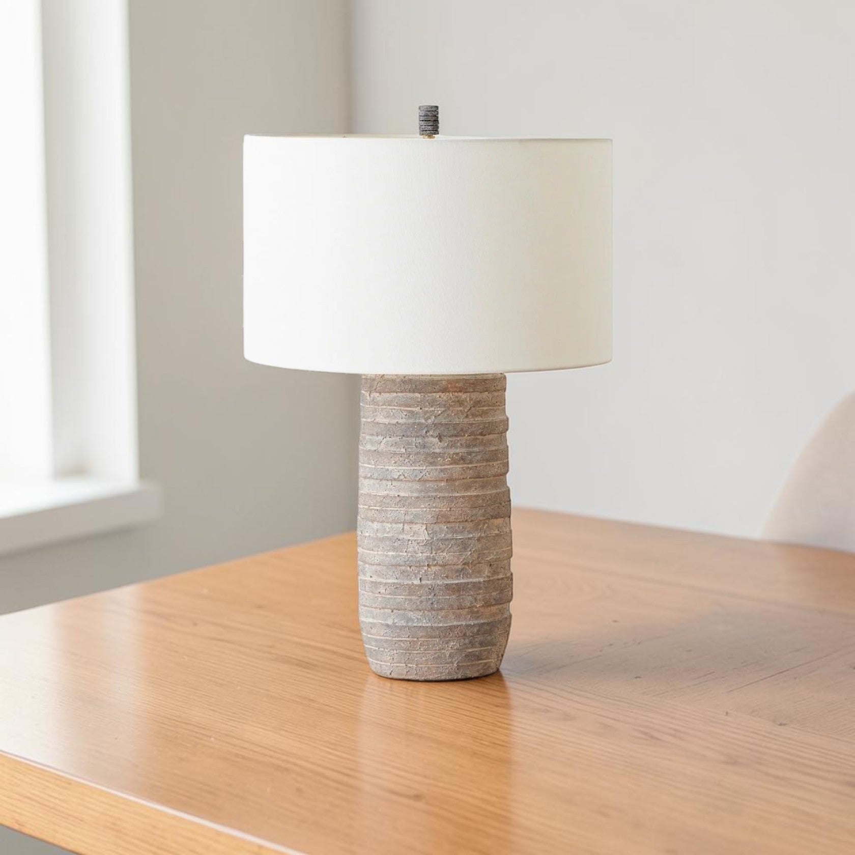 Terracotta Table Lamp with Stacked Base and Linen Shade